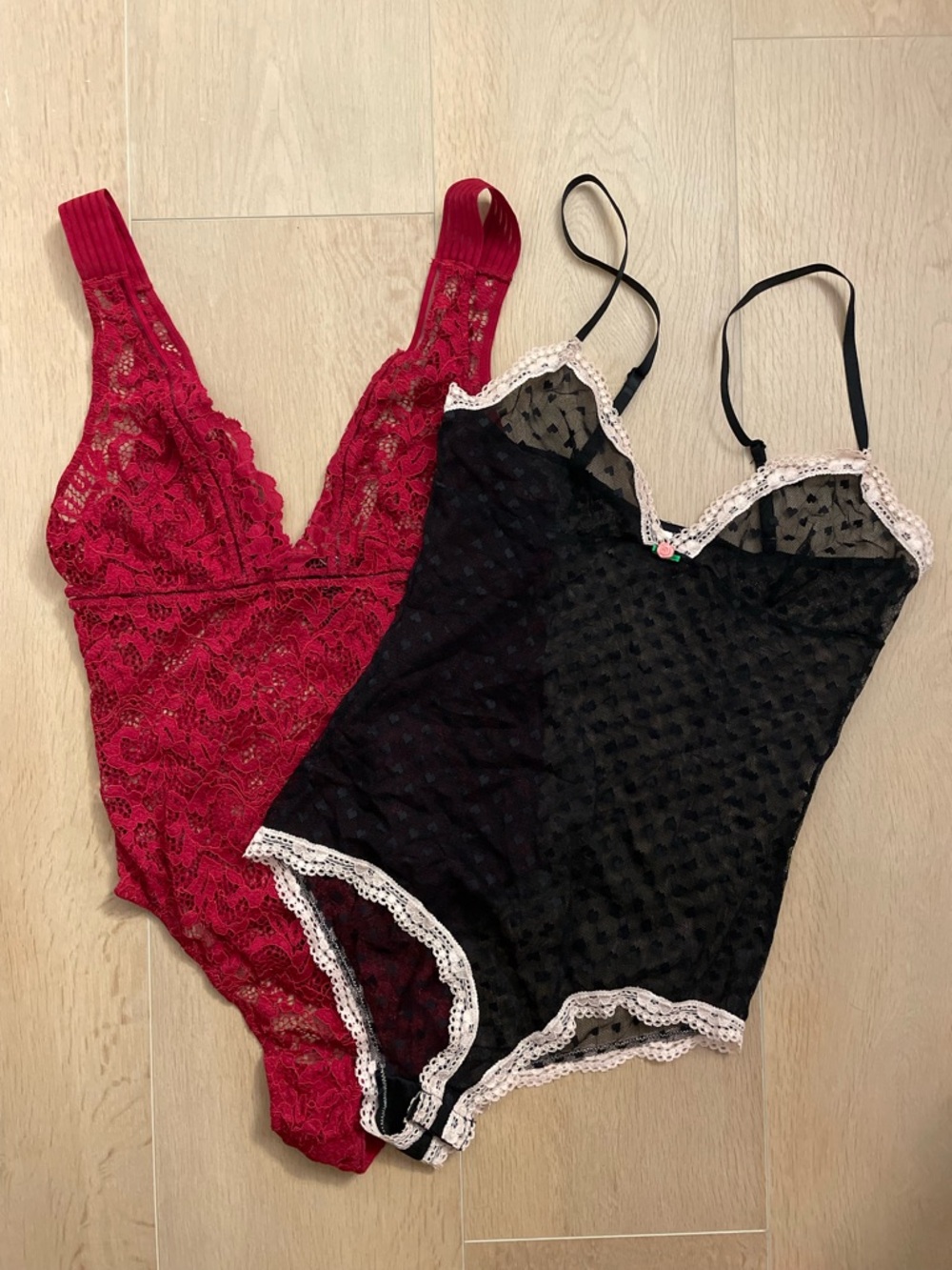 VICTORIA SECRET Red Lace Bodysuit & Forever 21 Black Heart Pink Trim Bodysuit